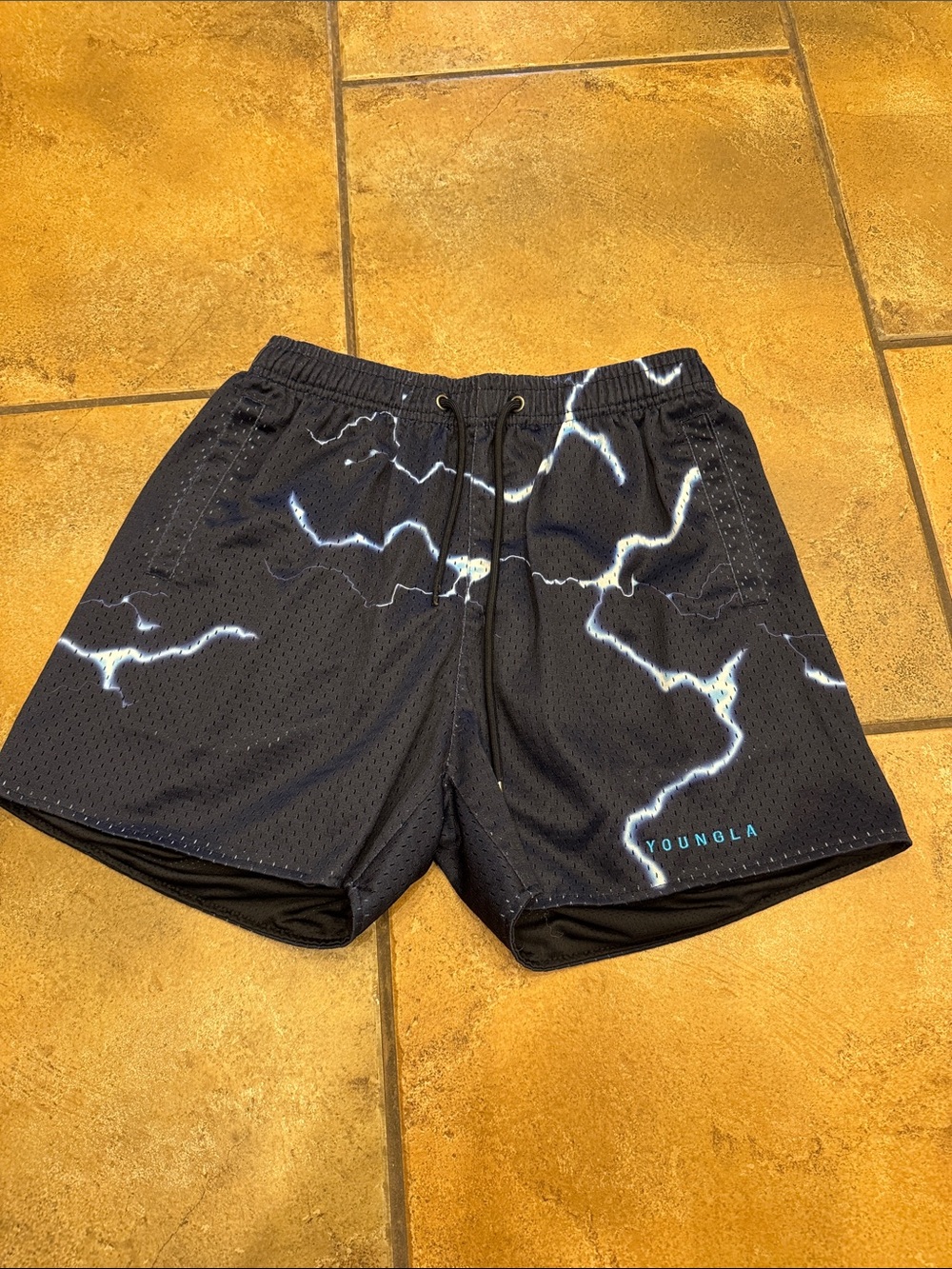 YoungLA Black Shorts with White Lightning Print